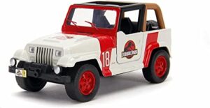 jada toys jurassic world 1:32 jeep wrangler die-cast car, toys for kids and adults,white/red