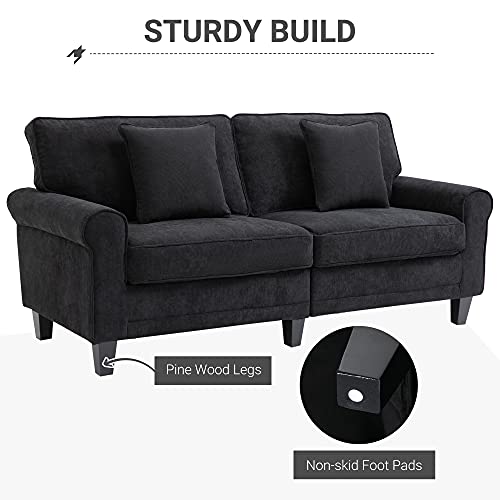 HOMCOM Modern 3-Seater Sofa 78" Thick Padded Comfy Couch with 2 Pillows, Corduroy Fabric Upholstery, Pine Wood Legs and Rounded Arms for Living Room, Black