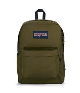 jansport superbreak plus backpack - work, travel, or laptop bookbag with water bottle pocket, army green