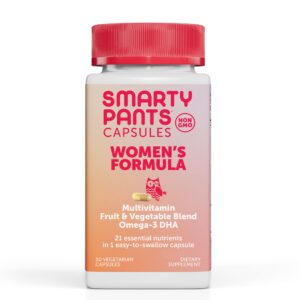 smartypants multivitamin for women: omega-3 dha; zinc for immunity, biotin, iron, folate, vitamins d3, c, b6, vitamin b12, one per day, 30 capsules, 30 day supply