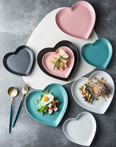 FUYU 2pcs Colorful Matte Heart Shaped Ceramic Dinner Plate Salad Plate Dessert Plate Steak Plate