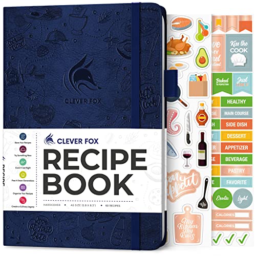 Clever Fox Recipe Book - Make Your Own Family Cookbook & Blank Recipe Notebook Organizer, Empty Cooking Journal to Write in Recipes, A5 Hardcover, Stores 60 Recipes - Dark Blue