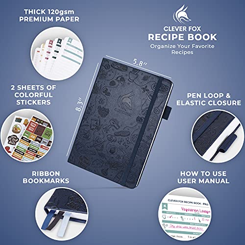 Clever Fox Recipe Book - Make Your Own Family Cookbook & Blank Recipe Notebook Organizer, Empty Cooking Journal to Write in Recipes, A5 Hardcover, Stores 60 Recipes - Dark Blue