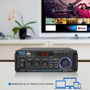 Pyle Wireless Bluetooth Stereo Power Amplifier - 200W 2 Channel Audio Receiver USA Warranty w/ RCA, USB, SD, MIC IN, FM Radio, For Home Theater Entertainment via RCA, Studio Use - PDA29BU.6