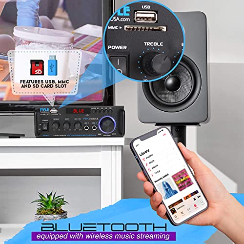 Pyle Wireless Bluetooth Stereo Power Amplifier - 200W 2 Channel Audio Receiver USA Warranty w/ RCA, USB, SD, MIC IN, FM Radio, For Home Theater Entertainment via RCA, Studio Use - PDA29BU.6