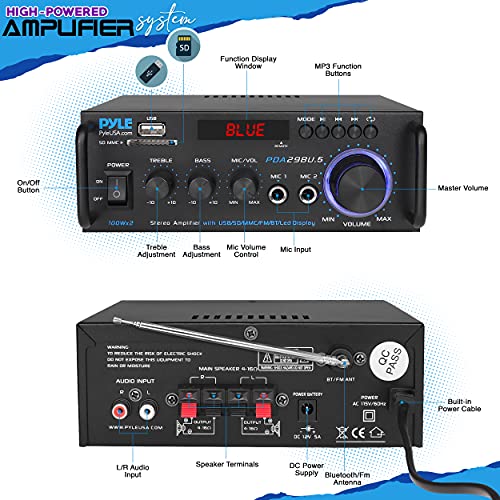 Pyle Wireless Bluetooth Stereo Power Amplifier - 200W 2 Channel Audio Receiver USA Warranty w/ RCA, USB, SD, MIC IN, FM Radio, For Home Theater Entertainment via RCA, Studio Use - PDA29BU.6