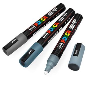 uni-ball posca pc-5m paint marker art pens - 1.8-2.5mm – gray, deep gray, slate gray - pack of 3