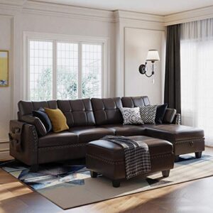 honbay faux leather sectional sofa couch set l shaped couch sofa set for living room reversible sofa sectional with storage ottoman for small apartment (sectional+hydraulic rod ottoman)