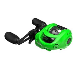 quantum accurist baitcast fishing reel, size 100 reel, right-hand retrieve, oversized non-slip handle knobs and continuous anti-reverse clutch, one-piece aluminum frame, 7.0:1 gear ratio, green