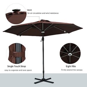 Outsunny 10ft Solar LED Cantilever Patio Umbrella, Aluminum Hanging Offset Umbrella Outdoor Sun Shade with 360 Degree Rotation, Lights, Tilt, Crank, Cross Base, Brown