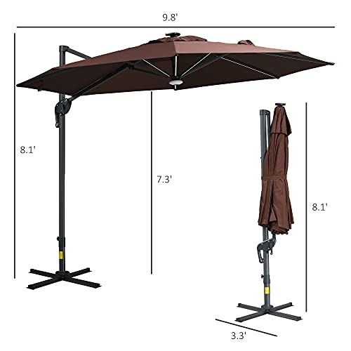 Outsunny 10ft Solar LED Cantilever Patio Umbrella, Aluminum Hanging Offset Umbrella Outdoor Sun Shade with 360 Degree Rotation, Lights, Tilt, Crank, Cross Base, Brown