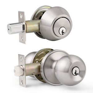 knobelite (10 set keyed alike entry door knob with double cylinder deadbolt combo pack, satin nickel finish door hardware locks, all same key door knobs with lock and key for front and entrance door
