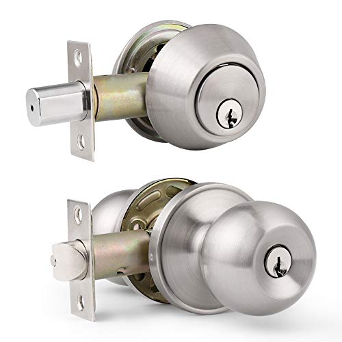 knobelite (10 Set Keyed Alike Entry Door Knob with Double Cylinder Deadbolt Combo Pack, Satin Nickel Finish Door Hardware Locks, All Same Key Door Knobs with Lock and Key for Front and Entrance Door