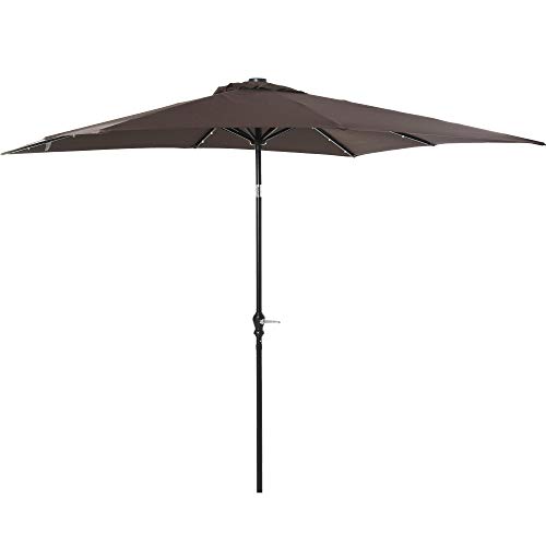 Outsunny 9' x 7' Patio Umbrella Outdoor Table Market Umbrella with Crank, Solar LED Lights, 45° Tilt, Push-Button Operation, for Deck, Backyard, Pool and Lawn, Brown