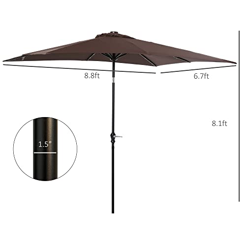 Outsunny 9' x 7' Patio Umbrella Outdoor Table Market Umbrella with Crank, Solar LED Lights, 45° Tilt, Push-Button Operation, for Deck, Backyard, Pool and Lawn, Brown