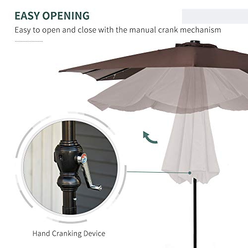 Outsunny 9' x 7' Patio Umbrella Outdoor Table Market Umbrella with Crank, Solar LED Lights, 45° Tilt, Push-Button Operation, for Deck, Backyard, Pool and Lawn, Brown