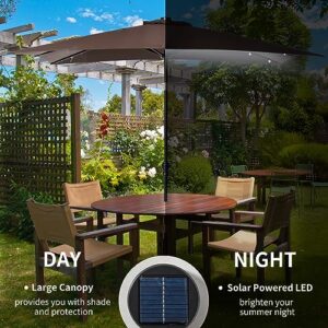 Outsunny 9' x 7' Patio Umbrella Outdoor Table Market Umbrella with Crank, Solar LED Lights, 45° Tilt, Push-Button Operation, for Deck, Backyard, Pool and Lawn, Brown