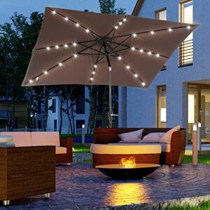 Outsunny 9' x 7' Patio Umbrella Outdoor Table Market Umbrella with Crank, Solar LED Lights, 45° Tilt, Push-Button Operation, for Deck, Backyard, Pool and Lawn, Brown