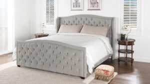 jennifer taylor home marcella upholstered shelter headboard bed set, california king, silver grey polyester