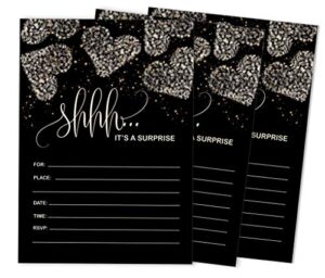 inkdotpot pack of 30 surprise party birthday invitations with envelopes, black retirement party, bridal shower, baby shower fill in style invites