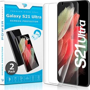 power theory designed for samsung galaxy s21 ultra screen protector [not glass], easy install kit, case friendly, full cover, flexible film anti scratch, 2 pack