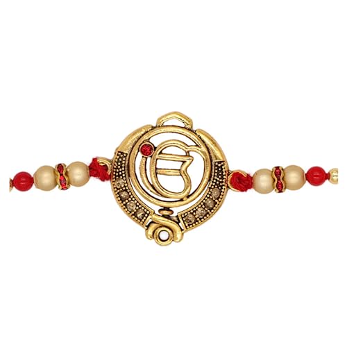 Khanda Raksha Bandhan Brother Gift Pack- Rakhee Bracelet - Large Postcard, Kum Kum Powder, Raw Rice – Indian Rakhri Friendship Thread - Gift from Sister to Brother (Khanda Ik Onkar Red)