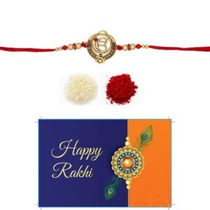 Khanda Raksha Bandhan Brother Gift Pack- Rakhee Bracelet - Large Postcard, Kum Kum Powder, Raw Rice – Indian Rakhri Friendship Thread - Gift from Sister to Brother (Khanda Ik Onkar Red)