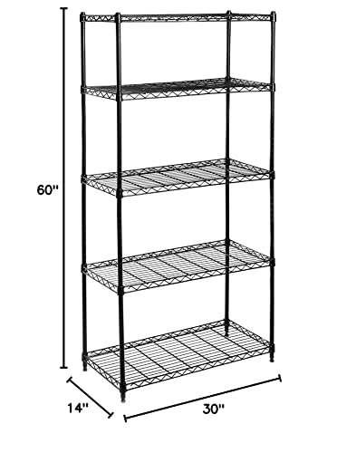 Seville Classics Solid Steel Wire Shelving Storage Unit Adjustable Shelves Organizer Rack, for Home, Kitchen, Office, Garage, Bedroom, Closet, Black, 5-Tier, 30" W x 14" D (New Model)