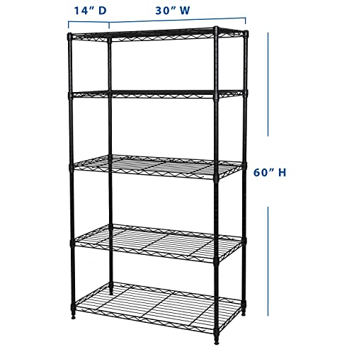 Seville Classics Solid Steel Wire Shelving Storage Unit Adjustable Shelves Organizer Rack, for Home, Kitchen, Office, Garage, Bedroom, Closet, Black, 5-Tier, 30" W x 14" D (New Model)