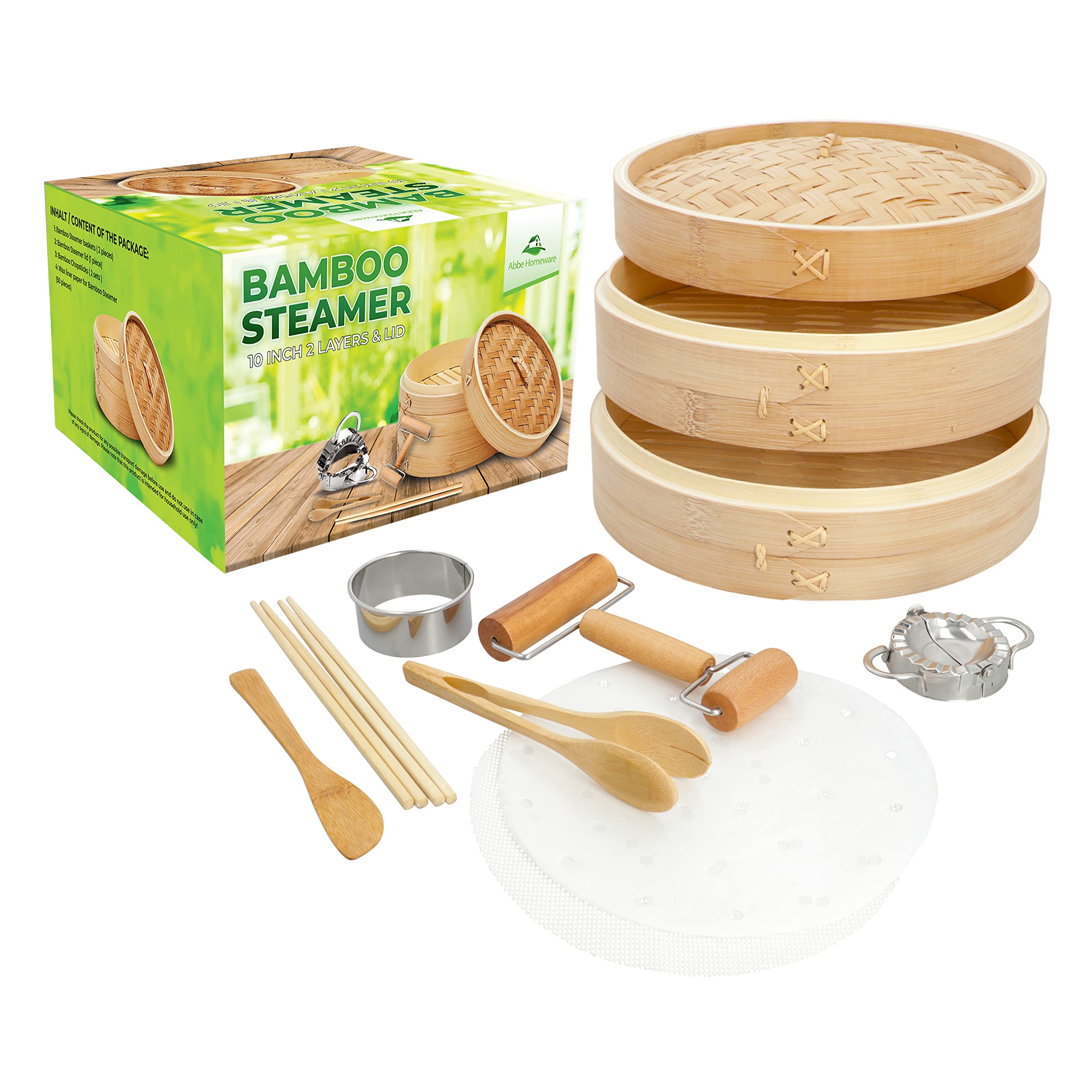 Bamboo Steamer 10 Inch - Basket 2 Tier Steam Cooker Pot for Rice, Dim Sum, Fish, Vegetable & Meat – Set of Two Bamboo Chopsticks, Steamer Liner and Steamer Basket