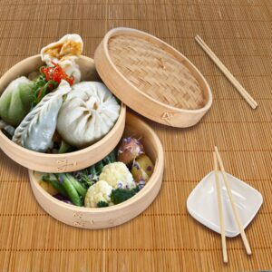 Bamboo Steamer 10 Inch - Basket 2 Tier Steam Cooker Pot for Rice, Dim Sum, Fish, Vegetable & Meat – Set of Two Bamboo Chopsticks, Steamer Liner and Steamer Basket