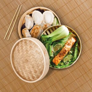 Bamboo Steamer 10 Inch - Basket 2 Tier Steam Cooker Pot for Rice, Dim Sum, Fish, Vegetable & Meat – Set of Two Bamboo Chopsticks, Steamer Liner and Steamer Basket