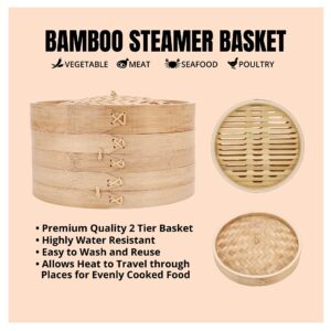 Bamboo Steamer 10 Inch - Basket 2 Tier Steam Cooker Pot for Rice, Dim Sum, Fish, Vegetable & Meat – Set of Two Bamboo Chopsticks, Steamer Liner and Steamer Basket