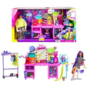 barbie extra doll & vanity playset with exclusive doll, pet puppy, 45+ pieces including clothes & accessories, toy gift for kids 3y+, gyj70