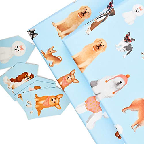 CENTRAL 23 - Blue Wrapping Paper Sheets - Puppy Dogs - 6 Gift Wrap Sheets - Birthday GiftWrap - Recyclable