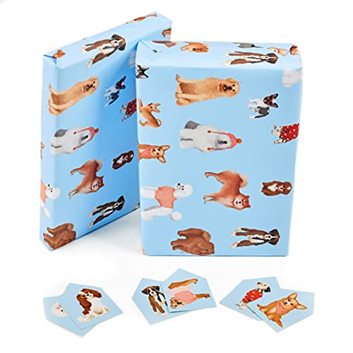 CENTRAL 23 - Blue Wrapping Paper Sheets - Puppy Dogs - 6 Gift Wrap Sheets - Birthday GiftWrap - Recyclable