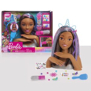 barbie deluxe 20-piece glitter and go styling head – brown hair, kids toys for ages 5 up by just play