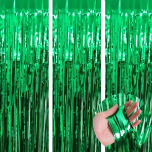 kirikou pack of 3 green metallic tinsel foil fringe curtains photo booth props backdrop for birthday bachelorette bridal baby shower party decorations (green, 3.2ft x 6.5ft)