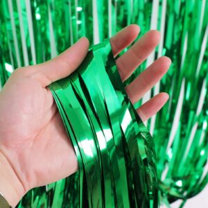 KIRIKOU Pack of 3 Green Metallic Tinsel Foil Fringe Curtains Photo Booth Props Backdrop for Birthday Bachelorette Bridal Baby Shower Party Decorations (Green, 3.2ft x 6.5ft)