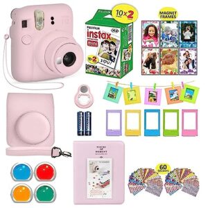 fujifilm instax mini 12 instant camera blossom pink + shutter compatible carrying case + fuji film value pack (20 sheets) + shutter accessories bundle, color filters, photo album, assorted frames