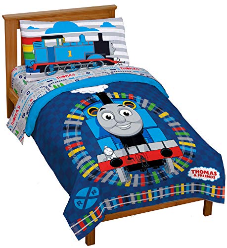 Jay Franco Thomas & Friends Stitch in Time 4 Piece Toddler Bed Set - Includes Comforter & Sheet Set Bedding - Super Soft Fade Resistant Microfiber (Official Mattel Product)