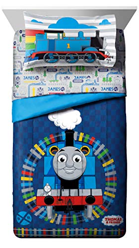 Jay Franco Thomas & Friends Stitch in Time 4 Piece Toddler Bed Set - Includes Comforter & Sheet Set Bedding - Super Soft Fade Resistant Microfiber (Official Mattel Product)