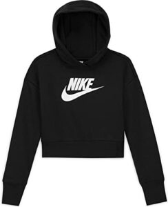 nike girl's sportswear club fleece crop hoodie (little kids/big kids) black/white m (10-12 big kid)