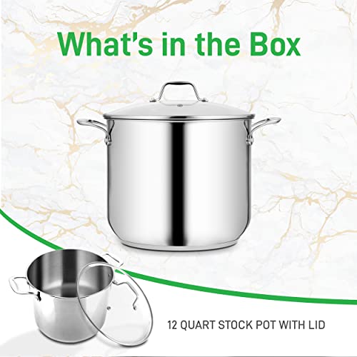 NutriChef 12-Quart Stainless Steel Stock Pot - 18/8 Food Grade Stainless Steel Heavy Duty Induction - Large Stock Pot, Stew Pot, Simmering Pot, Soup Pot with See Through Lid, Dishwasher Safe - NCSP21