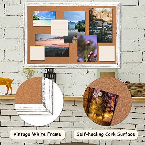 Cork Board Bulletin Board - 4 THOUGHT 24 x 18 Inches Cork Notice Pin Board Memo Board with Vintage Style White Wooden Frame for Display and Organize Home, Office and Kitchen, 10 Push Pins