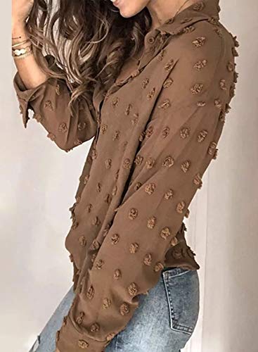 Astylish Womens Soft Cuffed Sleeve Pompom Collar Shirts Long Plus Size Button Down Blouse Tops Brown Small