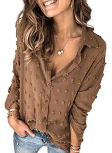 astylish womens soft cuffed sleeve pompom collar shirts long plus size button down blouse tops brown small