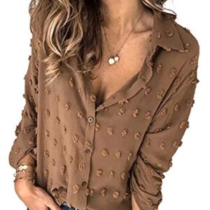 Astylish Womens Soft Cuffed Sleeve Pompom Collar Shirts Long Plus Size Button Down Blouse Tops Brown Small