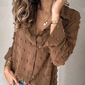 Astylish Womens Soft Cuffed Sleeve Pompom Collar Shirts Long Plus Size Button Down Blouse Tops Brown Small