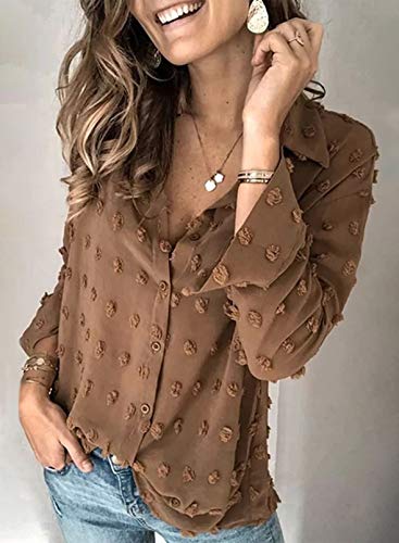 Astylish Womens Soft Cuffed Sleeve Pompom Collar Shirts Long Plus Size Button Down Blouse Tops Brown Small
